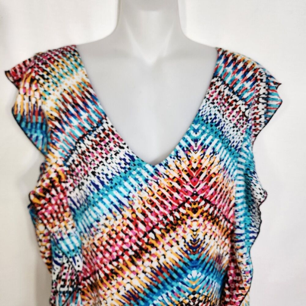 Spense Womens Top XL Multicolor Short Flutter Sleeve V Neck Retro Peplum Ruffles - Picture 3 of 10